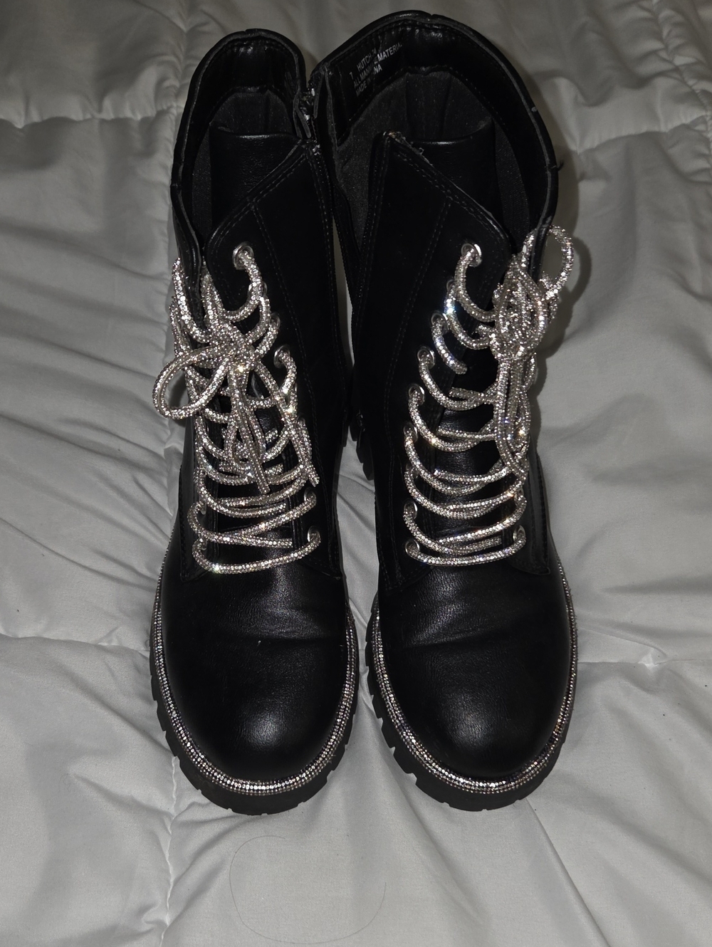 Hutch Black Lace-Up Combat Boots with Silver Rhinestone Accents